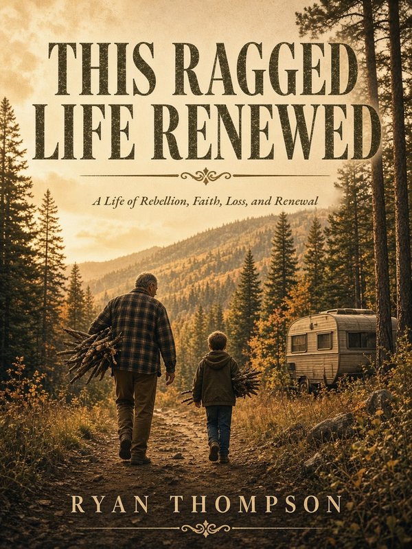 This Ragged Life Renewed: A Life of Rebellion, Faith, Loss, and Renewal, by Ryan Thompson. The cover shows a man and a boy carrying firewood along a mountain path toward an old camper trailer.