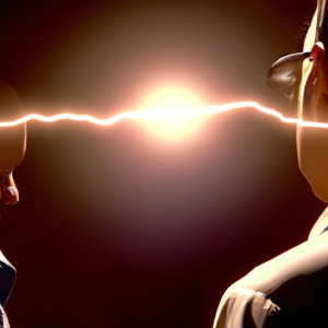 Two executive business men being hooked up to a modern lie detector together, and in the middle is a ball of light starting to explode